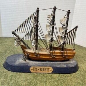 Vintage HMS Bounty Wooden Model Ship Nautical Decor Striped Sails Display